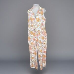 Skies Are Blue Jumpsuit Women L Pink Orange Floral Boho Retro Cottagecore Belt